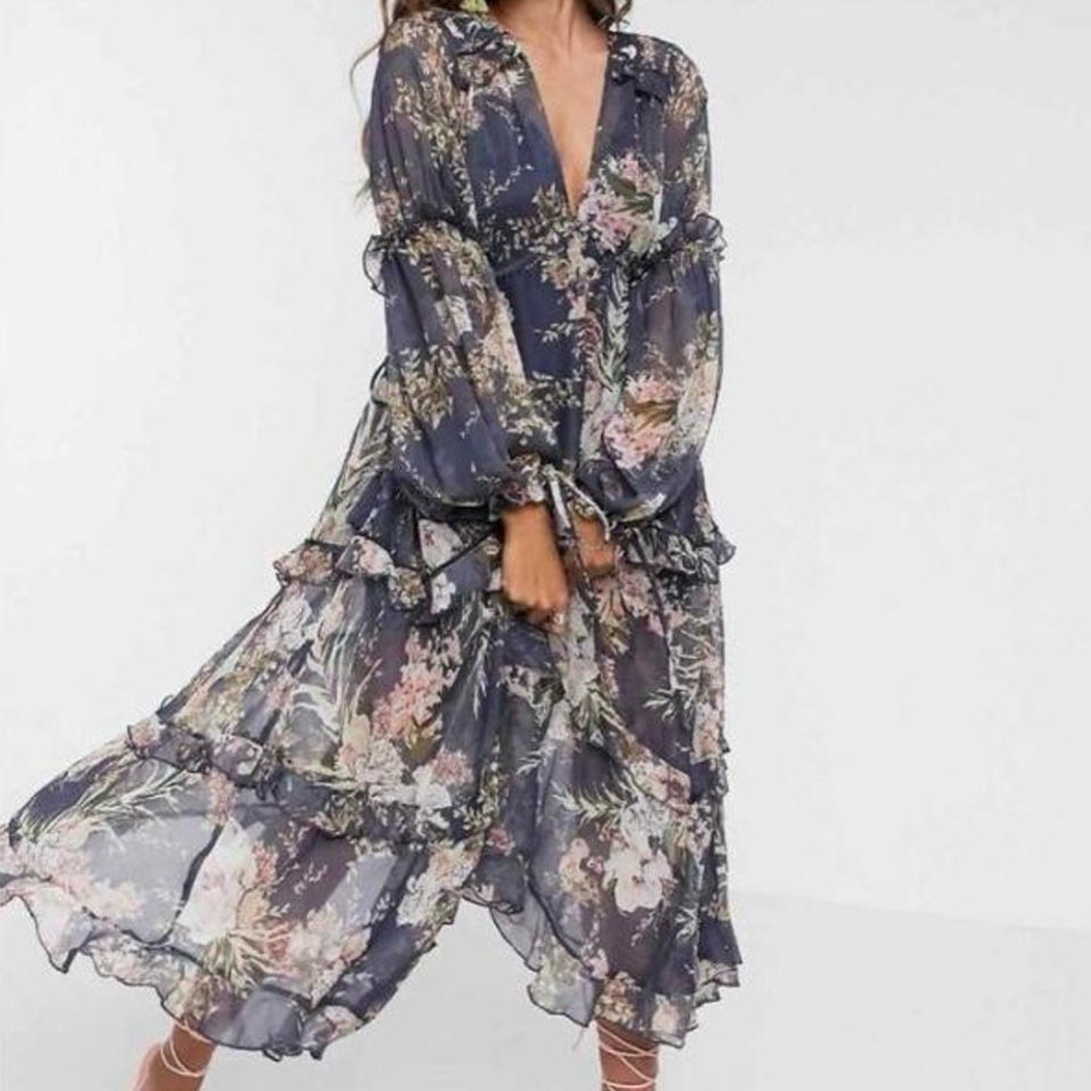 ASOS DESIGN pleated tiered midi dress in navy floral print with lace trim